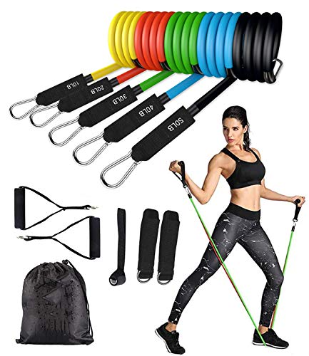 Resistance Bands Set (11pcs) for Resistance Training, Physical Therapy, Home Workout, Yoga, Pilates, Stackable up to 150 lb, Exercise Bands with Handles, Training Tubes with Door Anchor & Ankle Straps