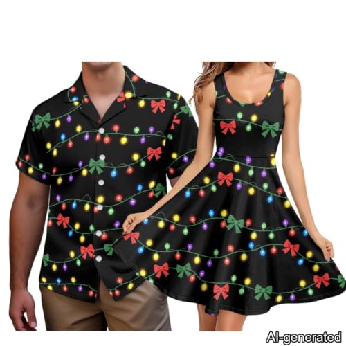 Image of Dreaweet Summer Dresses for Women A-Line Sleeveless Flowy Sun Dresses,Men's Casual Button-Down Shirts,Couple Matching Outfits