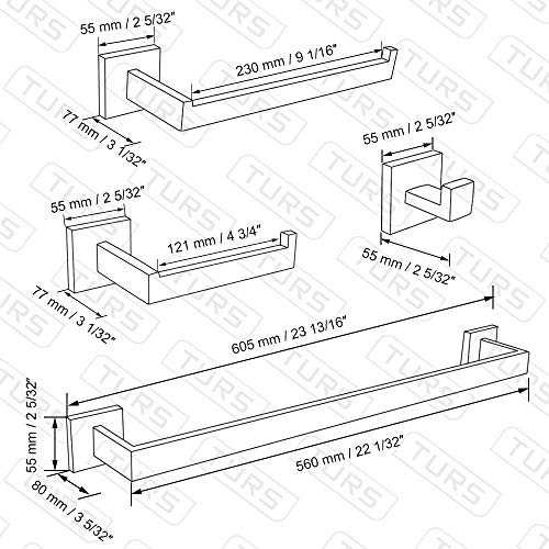 Image of TURS 5-Piece Bathroom Hardware Set Square Towel Bar Toilet Paper Holder Hand Towel Holder and 2 Towel Hooks, Matt Black SUS 304 Stainless Steel Wall Mounted, Q7BK-P5