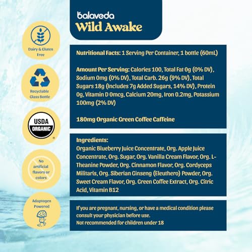 Image of balaveda Wild Awake USDA Organic 2x Energy Shot - Blueberry Vanilla - 180mg Clean Caffeine with Cordyceps, Eleuthero, L-Theanine + Vitamin B12 - 2 fl oz (1 Bottle)