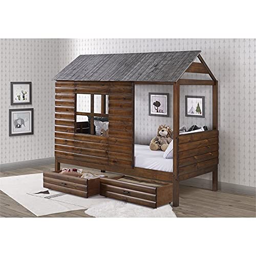 Donco Kids Twin Log Cabin Low W/Dual Under-Bed Drawers, Rustic Walnut Loft, Double #TOP1