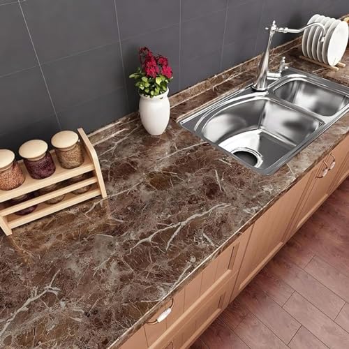 Image of VOLITO Self Adhesive Marble Wallpaper Kitchen Wallpaper Oil Proof & Waterproof Wallpaper for Cabinet Makeover, Almirah, Plastic & Tabletop, Wardrobe (60x200cm) (V-Dark Brown)