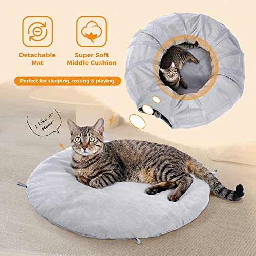 Image of PAWZ Road Donut Cat Tunnel Bed with Center Mat, Peek Hole & Hanging Balls | Large Collapsible Cat Tunnel Donut with Soft Center Mat, Peek Hole, Interactive Hanging Ball, Cat Play Tunnel for Indoor Cats