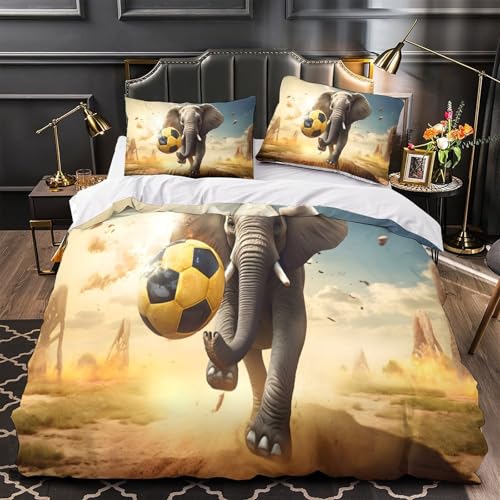 MMDASBVPE Elefante pateando una Pelota Funda de Edredón 3 Piezas Estampado 3D Incluye Fundas de Almohada Lavables Escena de acción de Animales Salvajes Funda Edredon for Familia Single（140x200cm）