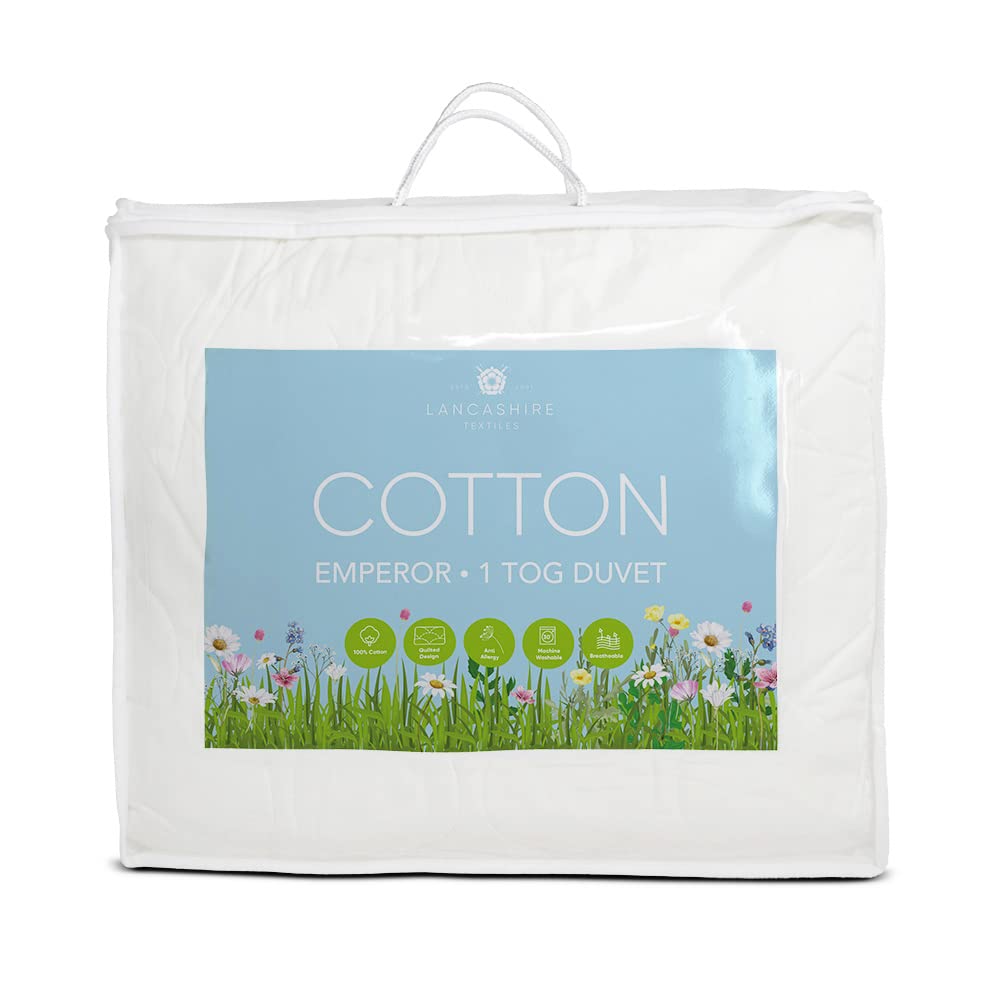 Lancashire Textiles 1 Tog Pure Cotton Summer Duvet - Hypoallergenic Lightweight Breathable for Hot Sleepers, Emperor, 290 X 235 Cm 100% Cotton, Allergy-Friendly Bedding