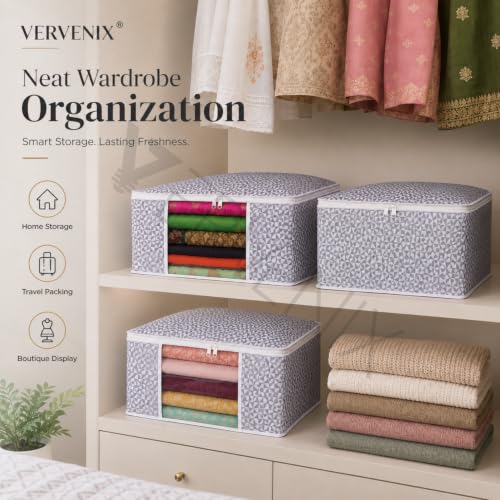 Image of VERVENIX Saree Cover Pack of 6,Large Size, Grey Dot Pattern Garment Storage Bags with Zipper & Transparent Window, Dustproof Clothes Cover for Suits, Dresses, Coats & Shirts,46.3 x 36 x 22.5 CM