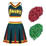 Women's Cheerleader Outfit with Pom Poms 2 Pieces Top Skirt Halloween Party Contest Cheerleading Costume Green S