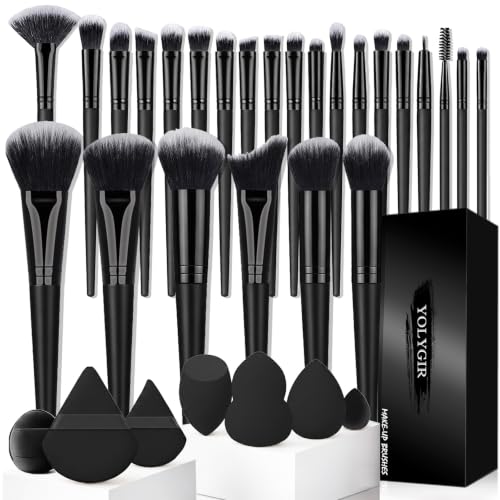 32Pcs Makeup Brushes Set Professional Makeup Kit Foundation Powder Concealers Blush Eye shadows 25 Pcs Brushes with 4 Makeup Sponge & 3 Powder Puff (Black)