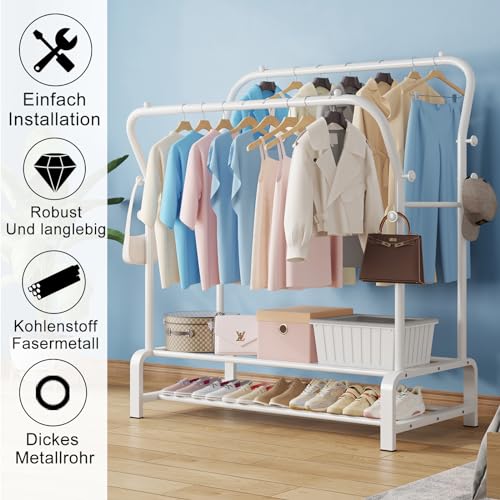 SMILOVII Kleiderständer, Multifunktional Garderobenständer, Freistehender Doppelruten Kleiderbügel für schlafzimmer Kleiderständer, Stabil Kleiderstange mit 8 Haken und 2 Schuhregal metall, weiß