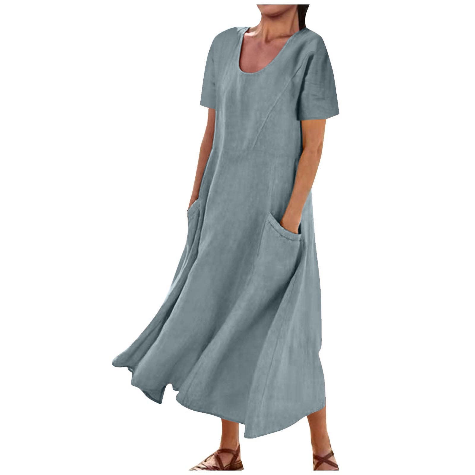 YNCSZEC Linen Dresses for Women Short Sleeve Crewneck Loose Midi Dresses Lightweight Casual Flowy Summer Dress with Pockets