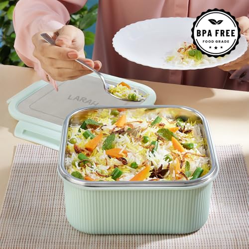 Image of Larah by BOROSIL Freshbyte Food Storage Container with Airtight Stainless Steel Lid | Fridge Container for Lunchbox | Food Grade | Microwave Safe (Green, 1600 ml, Square)