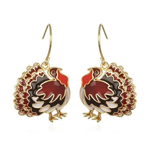 Gold Plate Brass Enamel Turkey Drop Earring with Black CZ