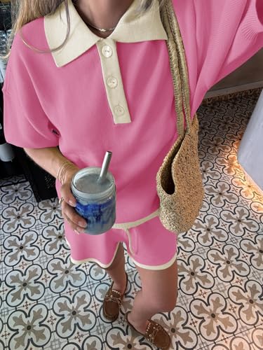 Image of Tankaneo Womens 2 Piece Short Sets Short Sleeve Knit Tops Vacation Outfits | Sweater Fabric, 2026 Summer, Collared, Matching Lounge Set