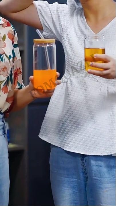Image of 500ML Glass Cups with Bamboo Lids and Glass Straws Drinking Tumbler Iced Coffee Cup Smoothie Cups for Bubble Tea Whiskey Water Gift