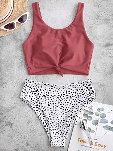 Zaful Women's Animal Print Knotted Tankini Set High Waisted Scoop Collar Padded Tankini Swimsuit (Medium, Cherry Red) #TOP3