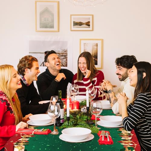 Image of 3-Piece 54 x 108 Inch Merry Christmas Plastic Tablecloth - Red and Green Design with Christmas Tree Holiday Decorations, Disposable Rectangle Table Cover for Xmas Party Supplies, Indoor Outdoor Decor
