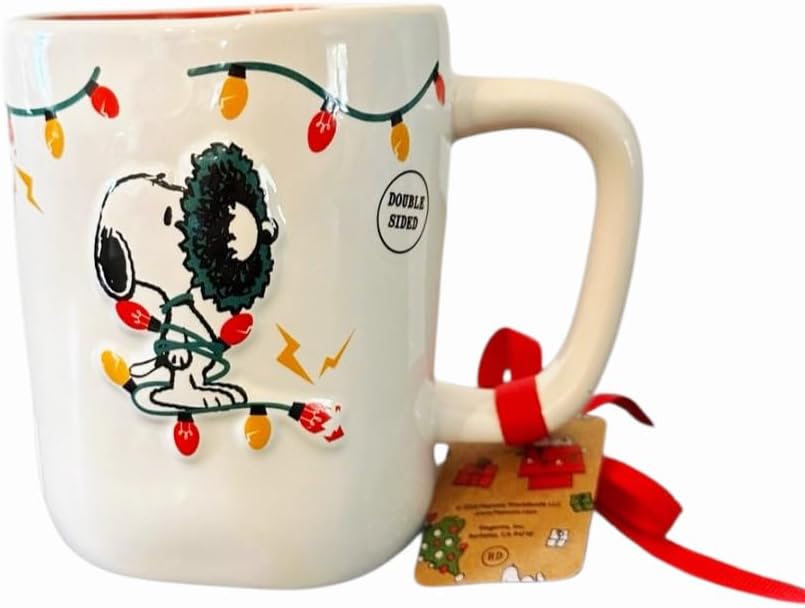 Rae Dunn Peanuts Current christmas mood ceramic coffee Mug. Puffer Jacket Christmas mug. Double sided.