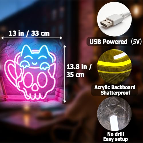 Image of Skeleton Cat Neon Sign for Wall Decor Skull Light Up Sign Hallowmas Led Signs for Room Party Home Wall Decor USB Powered