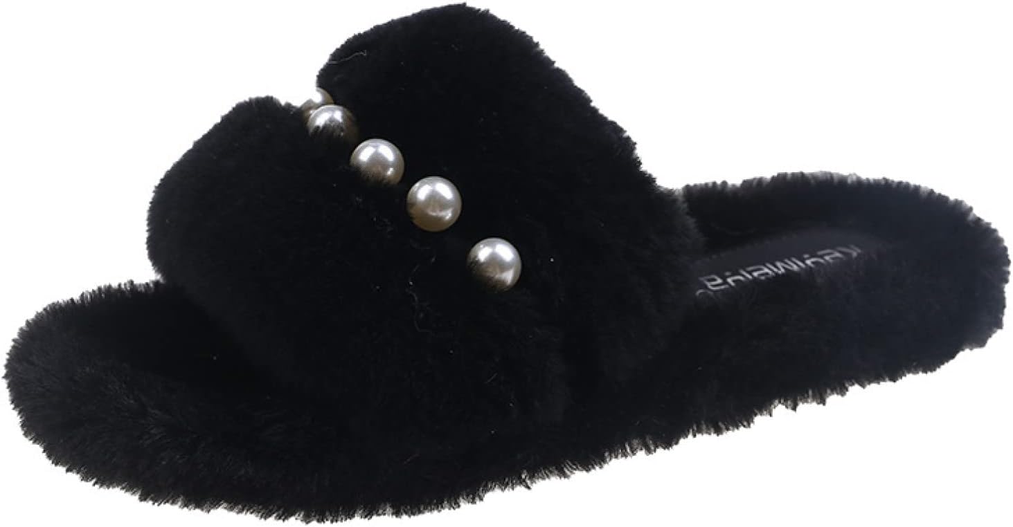 [VRGT] ふわもこ パール付き ファー サンダル ファースリッパ ぺたんこ 秋冬用 暖か 軽量 レディース用 大きいサイズ おし