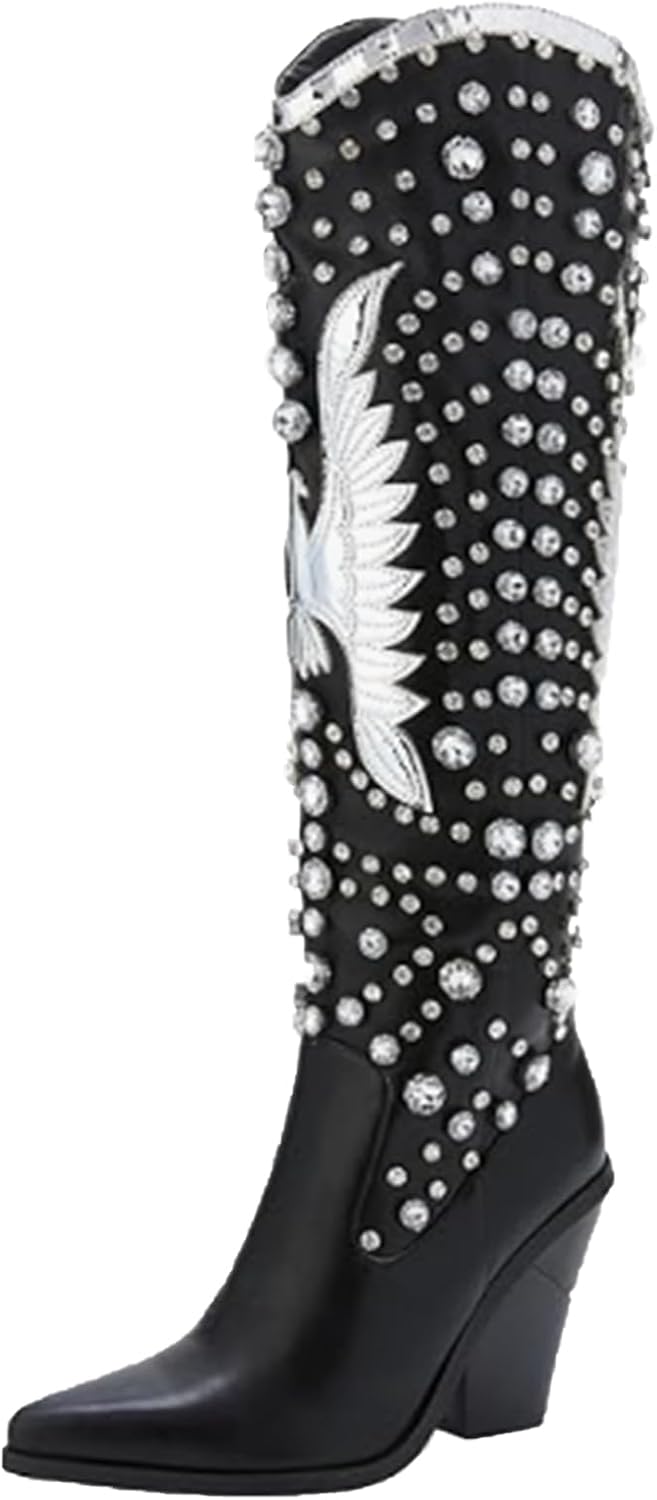 Women's Rhinestone Cowboy Boots With Women Eagle Embroidered Cowgirl Boots Pointed Toe Chunky Heel Western Knee High boots