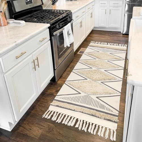 Image of Hand Woven 100% Natural Cotton Export Quality Designer Rug,Carpet, Bed Side Runner for Bedroom,Living Room, Size-2x5 feet or 60 cms x 152 cms (White Triangle)