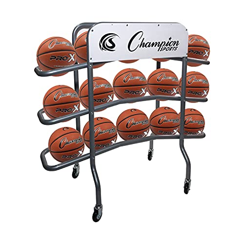 Champion Sports Three Tier Pro Basketball Storage Rack Cart with Locking Swivel Caster Wheels, 15 Ball Capacity (Silver)