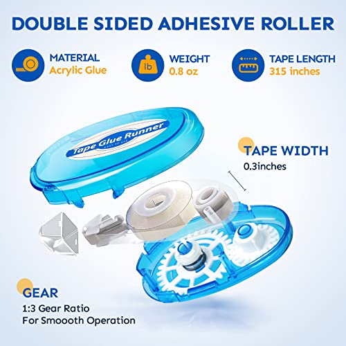 6 Pack Double Sided Tape Roller, 8mm x 315 Inch Permanent Adhesive Scrapbook Tape Dispenser Runner, Glue Tape Roller for Scrapbooking, Crafts and Arts Projects, Photo-Safe, Smooth & Clean
