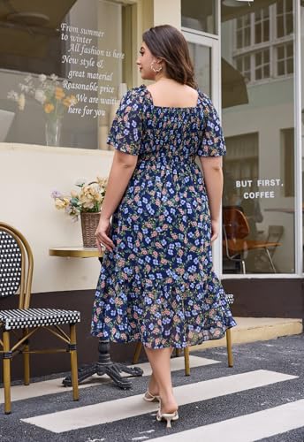 Image of Keluummi Plus Size Wedding Guest Maxi Dresses for Curvy Women, Summer Casual Boho Floral Smocked Empire Waist A Line Sundress