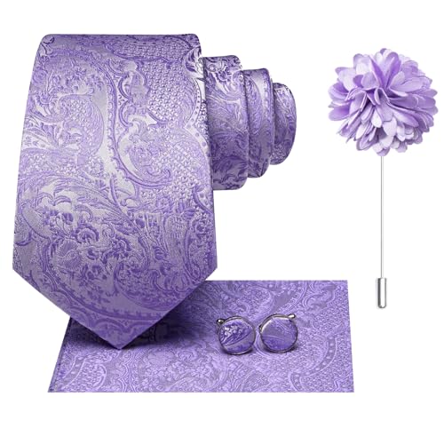 Image of Hi-Tie Mens Paisley Floral Striped Ties Set Silk Necktie and Lapel Pin for Men Pocket Square Cufflinks Set Business Wedding