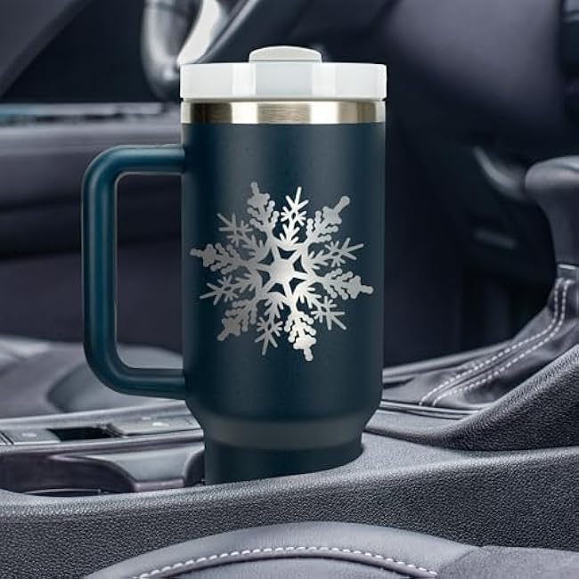 Elanze Designs Falling Snowflake Winter Snow Queen Wrap-Around 40 Oz. Stainless Steel Water Bottle Coffee Mug, Spill & Leak Resistant, Travel Tumbler with Handle, Lid & Straw, Navy Blue