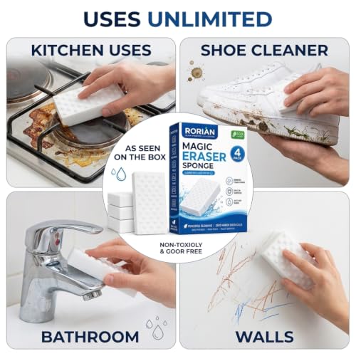 Image of RORIAN Magic Eraser Sponge, Textured Melamine Foam Cleaning Sponge, Non-Scratch Multi-Surface Cleaner for Wall, Sink, Bathroom /Kitchen Surfaces and Shoe Stain Removal (Pack of 4)