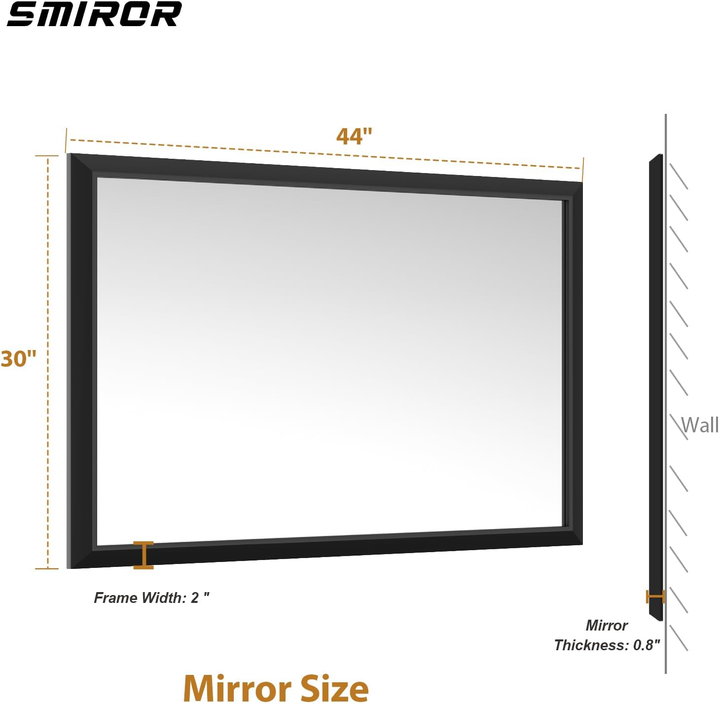 SMIROR Matte Black Bathroom Mirror for Over Sink 44x 30 inch, Metal Thick Frame Rectangle Vanity Mirror for Wall, Anti-Rust, Horizontally or Vertically Mounted