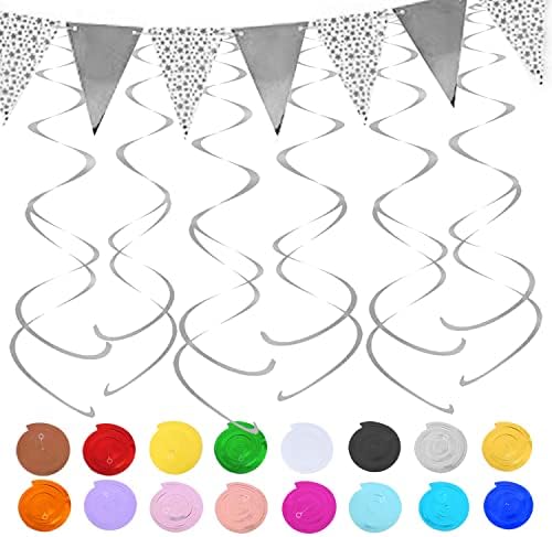 Silver Hanging Swirl Party Streamers for Ceiling Decorations Wedding Birthday Baby Shower Decor Supplies, Pack of 30