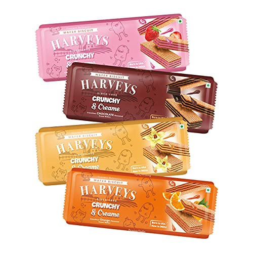 Image of Harveys Crunchy & Creame | Premium Wafer Biscuits Chocolate, Vanilla & Strawberry Flavours | Pack of 4 | 150 gm x 4