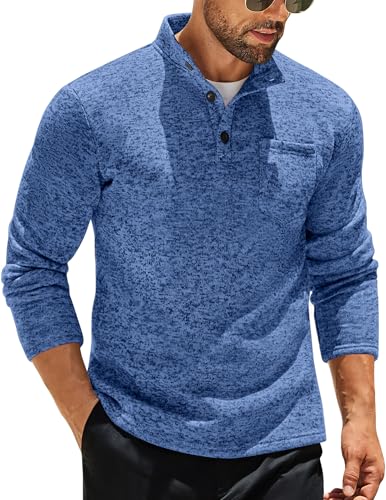 COOFANDY Men's Quarter Button Henley Sweater Casual Knitted Sweatshirt Mock Neck Thermal Fleece Pullover Sweater with Pocket