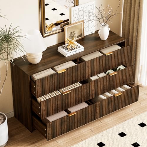 Image of Furniway Walnut Dresser for Bedroom, Modern Dresser with 6 Drawers and Smooth Slides, Wide Chest of Drawers with Golden Handles for Bedroom, Living Room, Closet, 15.7 inch D x 55.1 inch W x 31.4 inch H