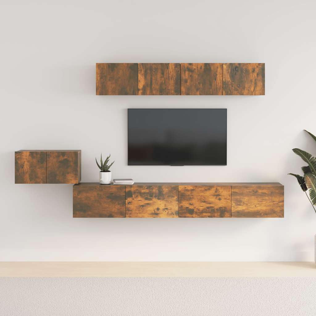 5-TLG. TV-Schrank-Set Räuchereiche Holzwerkstoff, Hängendes Lowboard für Wohnzimmer, Modernes Media Center mit Stauraum, Einfache Wandmontage