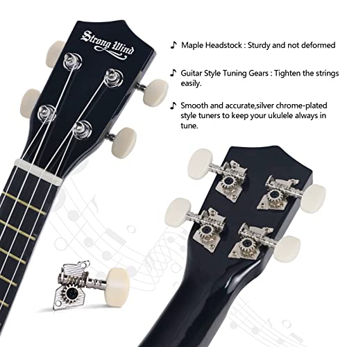 Image of Strong Wind Soprano Ukulele 21 Inch Basswood Ukeleles for Beginners Four Strings Hawaiian Guitar Christmas Ukulele for Adults Teenagers, Black
