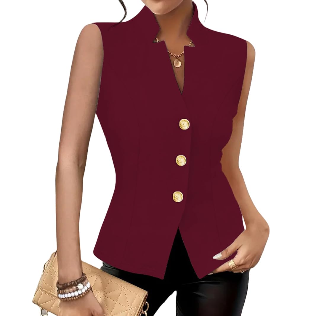 RWGSNB Ladies Waistcoat, Womens Blazer Vest Elegant Summer Suit Waistcoat Notch V-Neck Button-Down Sleeveless Blazers Jacket Casual Solid Color Formal Gilet for Work Office Burgundy M