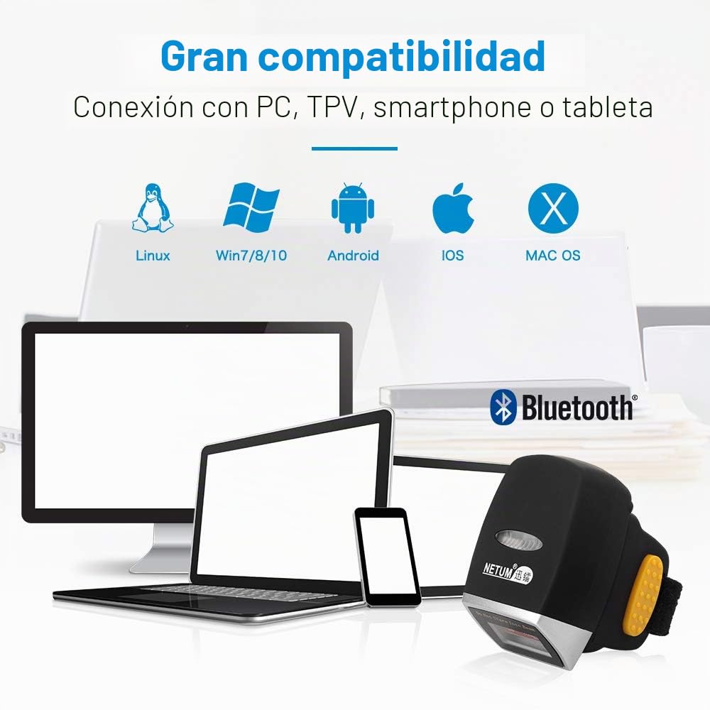 NETUM Bluetooth 2D QR Mini escáner de código de barras para anillo portátil inalámbrico | Escáner de mano inalámbrico lectura precisa y rápida para pantalla de ordenador de pago móvil Android/IOS/IPAD/MAC NT-R2