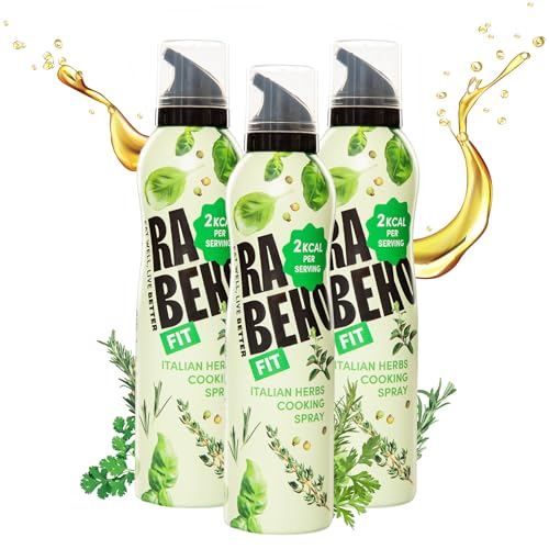 Rabeko Zero Kochspray kalorienarm| ITALIENISCHE KRÄUTER| 800 Portionen,2 kcal pro Sprühstoß| Pfannenspray zum Braten, Grillen & Backen| ohne Zusätze, ohne Zucker|Glutenfrei 3 x 200ml