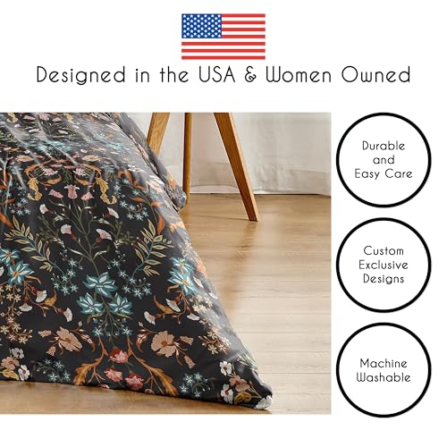 Image of Boho Bohemian Farmhouse Black and Orange Wildflower Garden Floral Duvet Comforter Cover and Sham 3 pc. Full Queen Size Bed Bedding Set Bedroom Aesthetic Botanical Cottagecore Flower Print Vintage