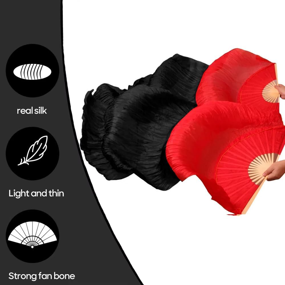 Nimiman Women 1 Pair (Left+Right) Silk Belly Dance Fans Veil Belly Dancing Long Folding Fans Length 180 cm Width 90 cm