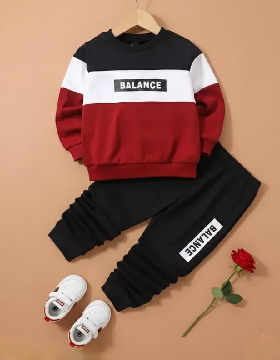 Kids Cotton Tracksuit Set with Balance Print, Color Block Sweatshirt and Jogger Pants, Long Sleeve, Round Neck, Casual Sportswear-image-2