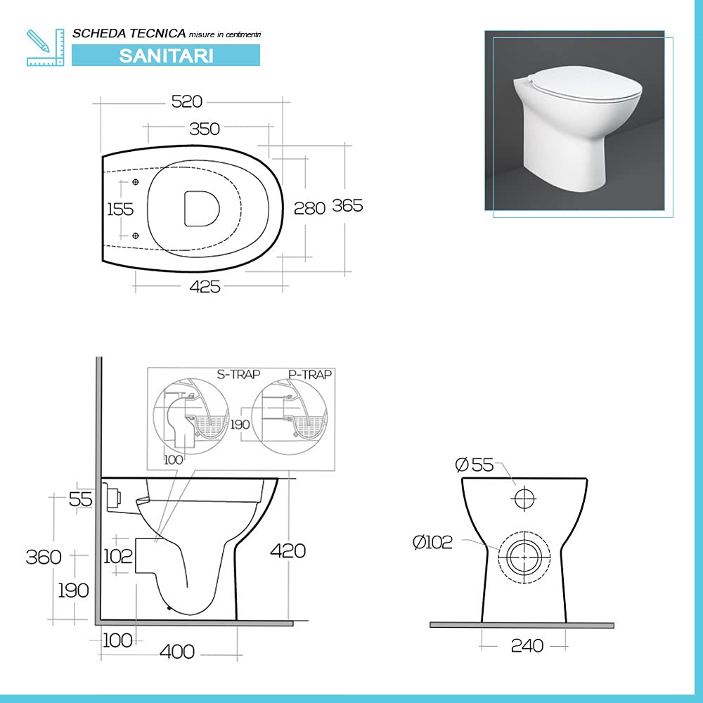 Inbagno Coppia Sanitari Filo Muro Rimless, Completa di Copriwc Tradizionale Slim, in Ceramica Bianca Serie Morning