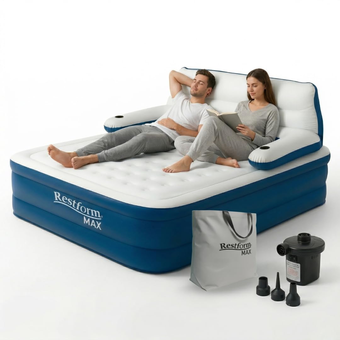 BEST DIRECT Restform MAX 3-in-1 Aufblasbare Matratze mit ergonomischer Rückenlehne – Premium Luftbett Gästebett & Camping, inkl. GRATIS elektrischer Pumpe als Geschenk – Robust & Bequem, 3 Positionen