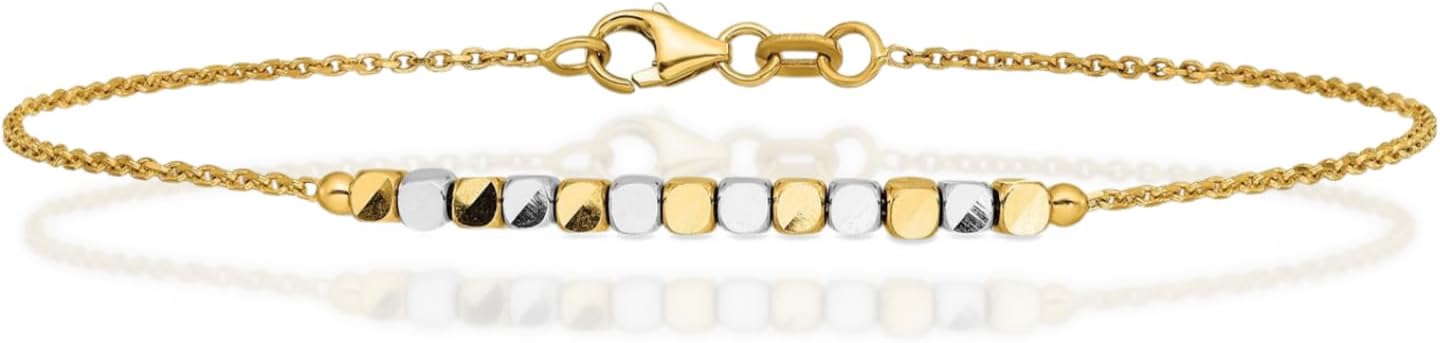 IceCarats 14K Solid Two Tone Gold 1mm Dainty Cable Chain Ball Bracelet 7.5 inch Diamond Cut For Her