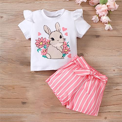 Camiseta infantil de manga curta com estampa de coelho, shorts listrados para meninos de 2 a 6 anos,