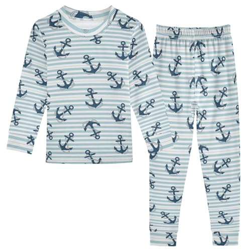 Pajama Sets Long Sleeve Sea Anchor Stripes Background Soft Comfy Sleepwear 2 Piece PJS 3-8T