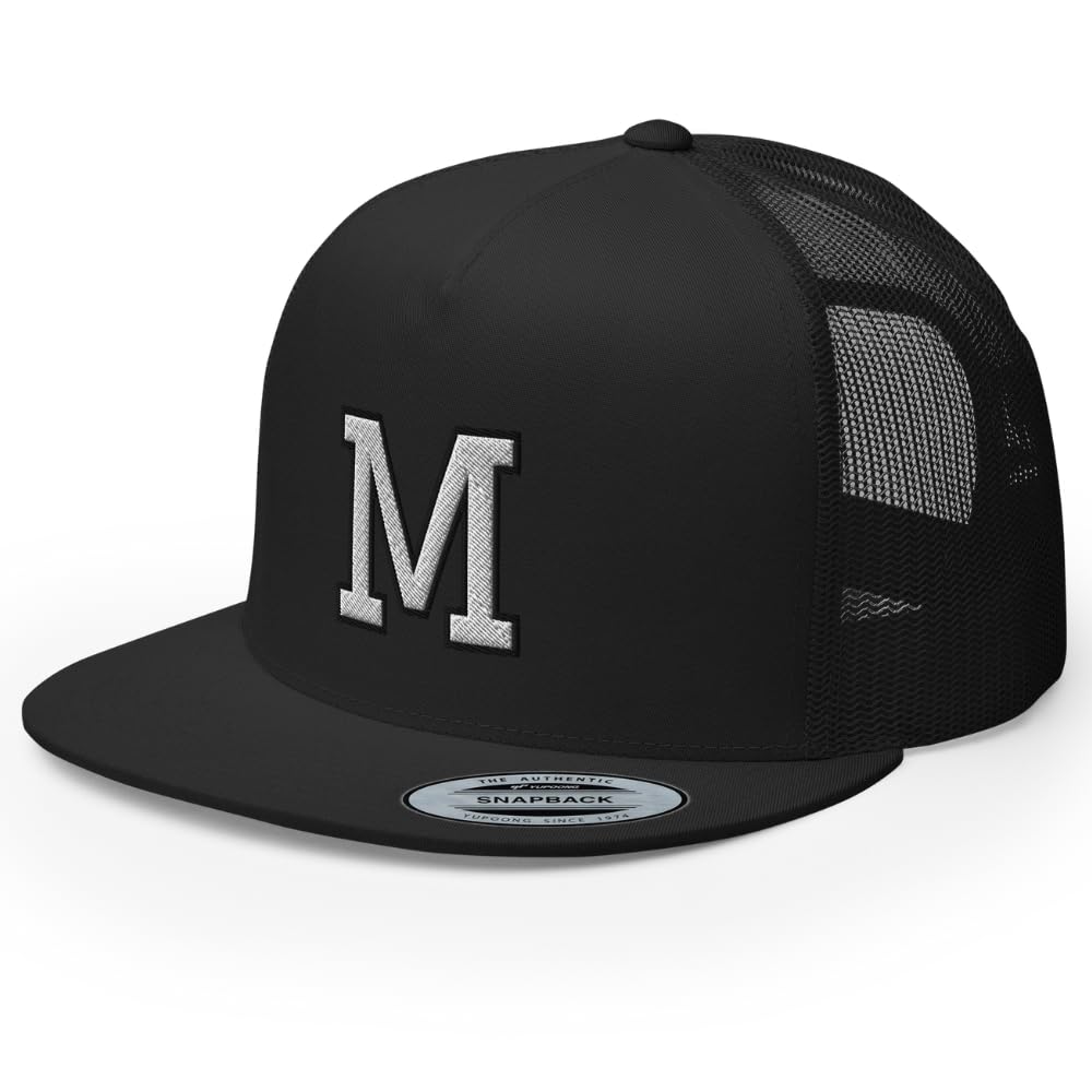 RIVEMUG Initial Letter M Embroidered Premium Trucker Hat Flat Bill High Crown Adjustable Cap
